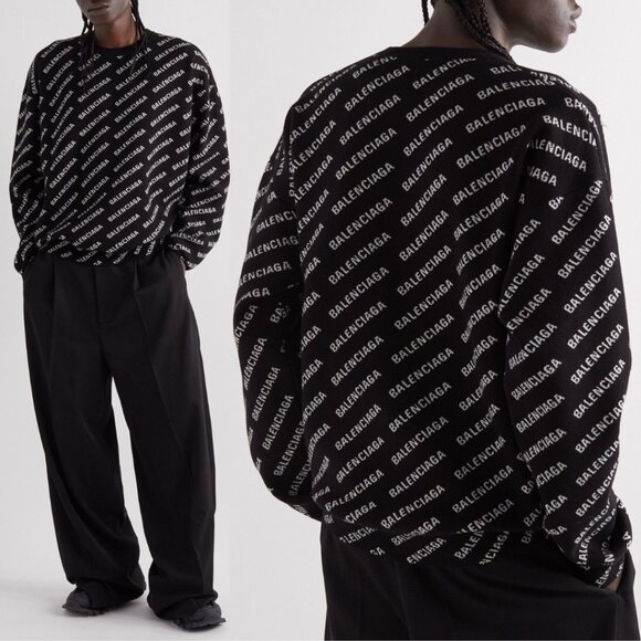 NWT Balenciaga Crewneck Pullover Knit Sweater Black White Mini Logo Allover - Picture 1 of 11